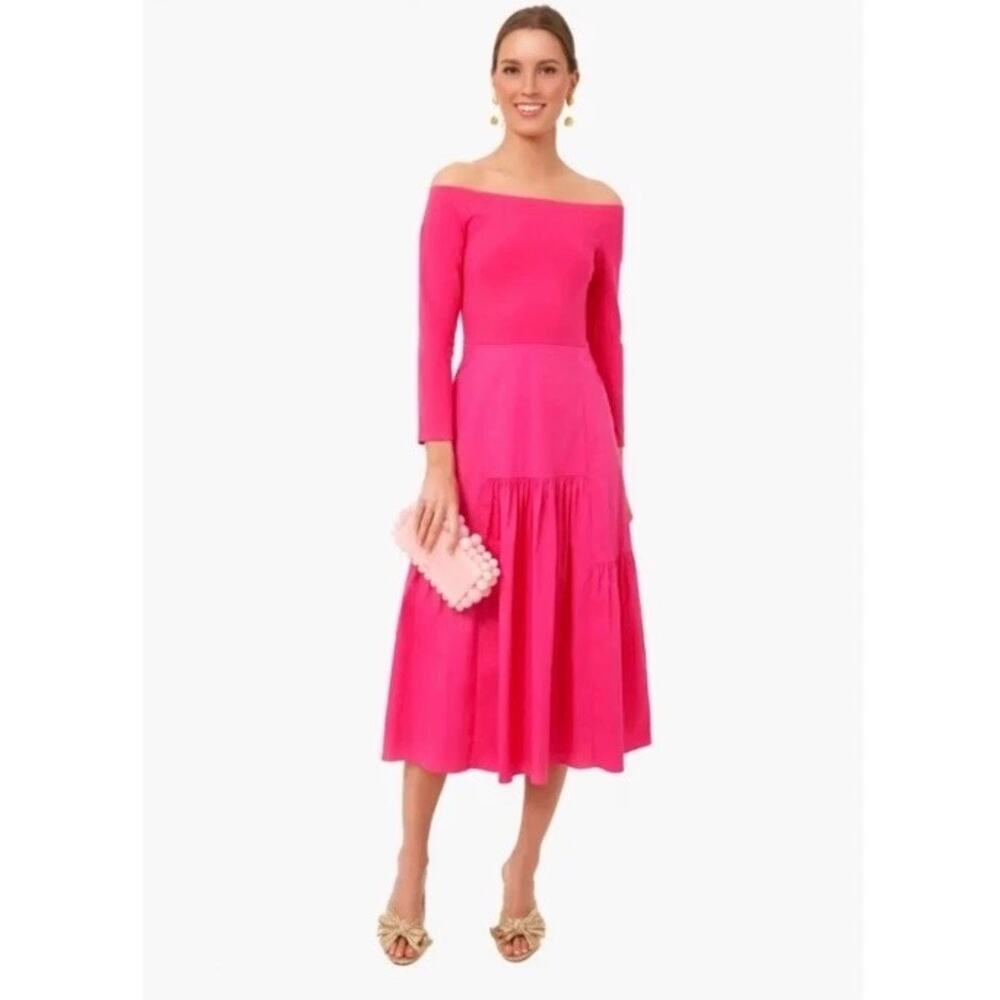 Tuckernuck S Marissa Dress Midi Pink Tiered Ruffle Off The shoulder A-Line Party